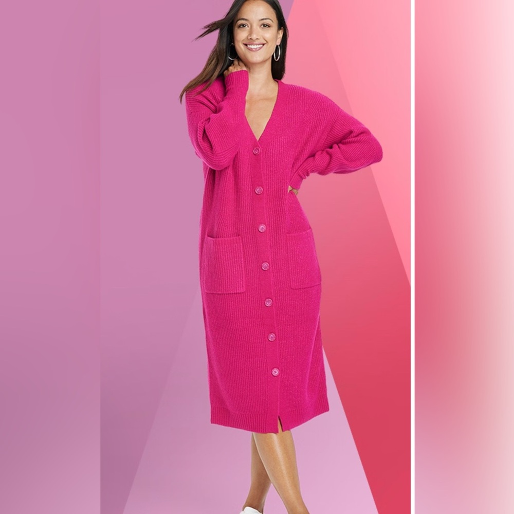 Woman’s Large pink magenta long cardigan sweater dress